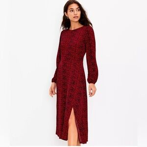 LOFT Animal Print Slit Midi Dress Red Sheath with Bishop Sleeves Crew Neck Sz 14